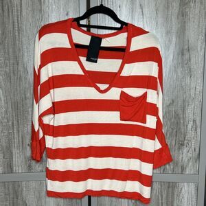Heather by Bordeaux Top V Neckline Red and Whtie Stripes Size M